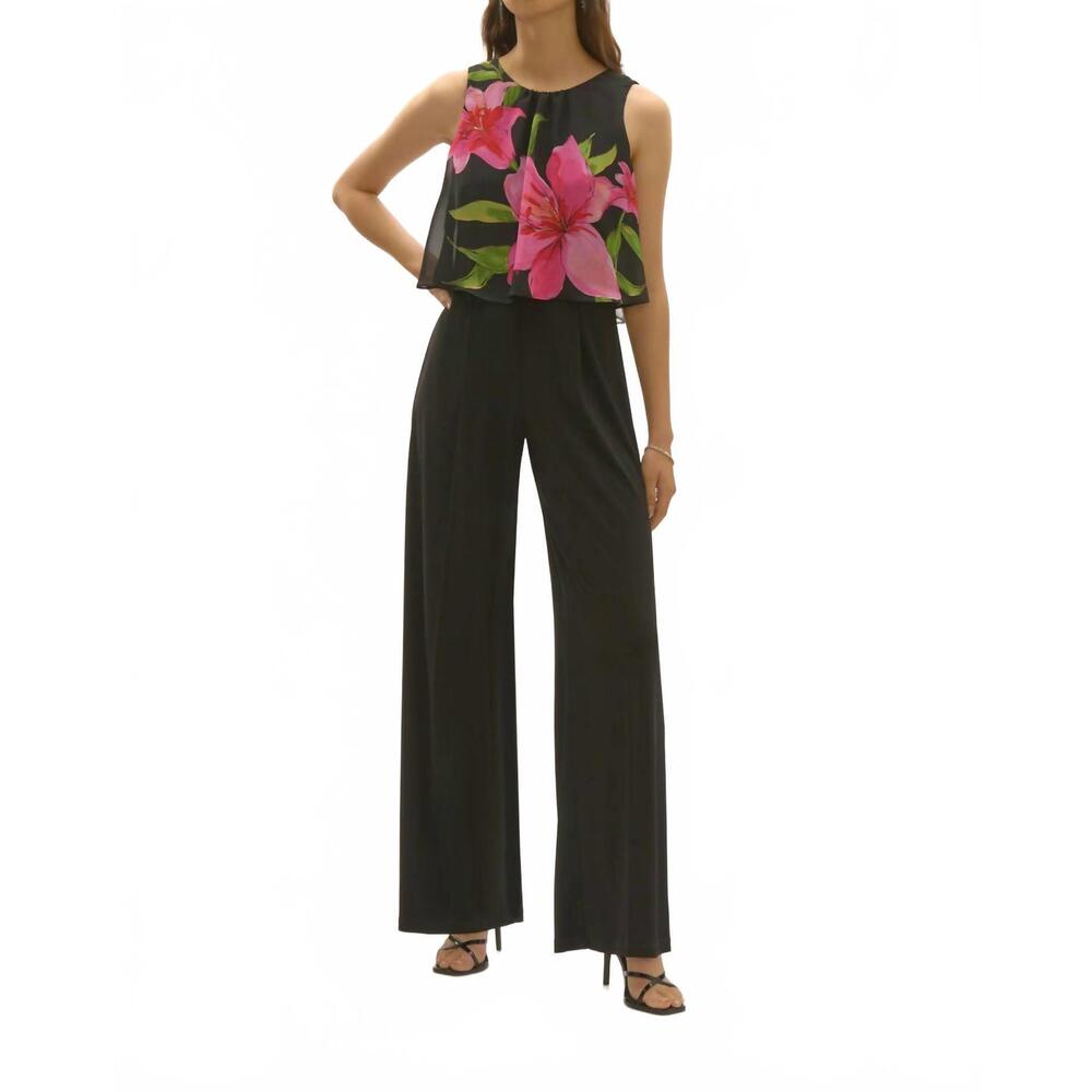 NEW JOSEPH RIBKOFF floral chiffon wide leg jumpsuit in black/multi - Picture 3 of 4
